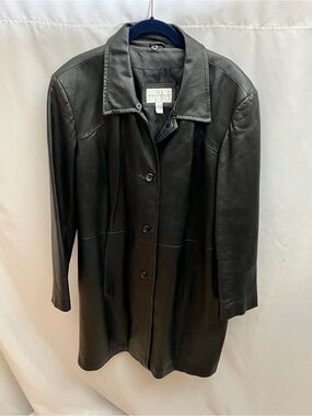 Worthington Women’s 2X Black Genuine Leather Long Button Front Coat Plus Size